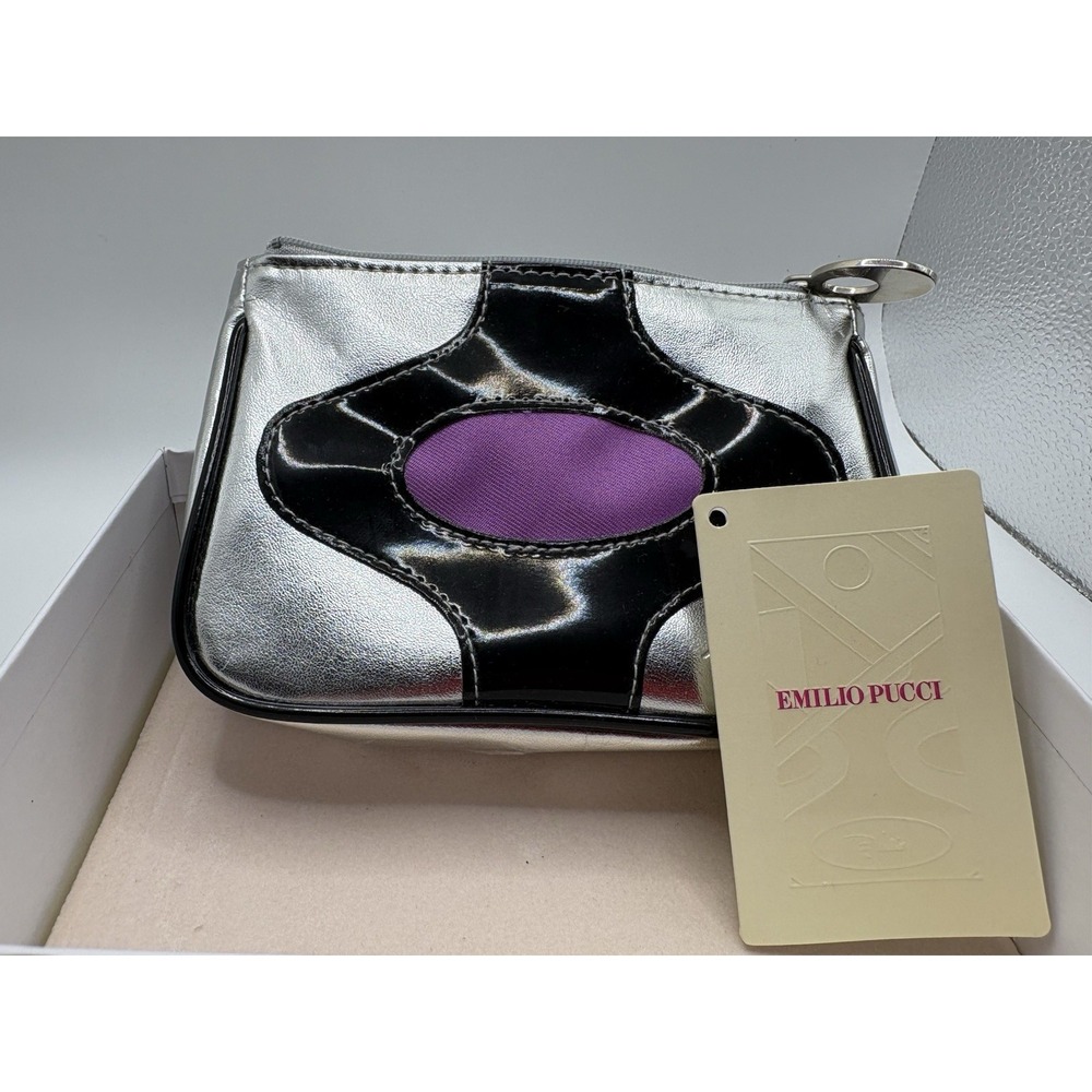 Emilio Pucci Zipper Makeup Bag Faux Leather Silver Black Purple 05SJ01 Rare Y2K